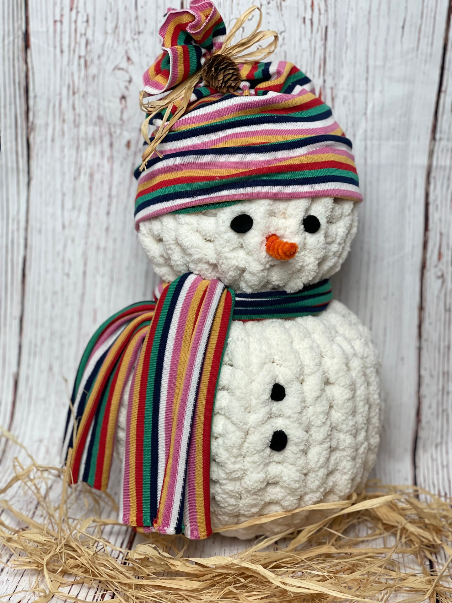 Snowman with Knit Rainbow Cap & Scarf