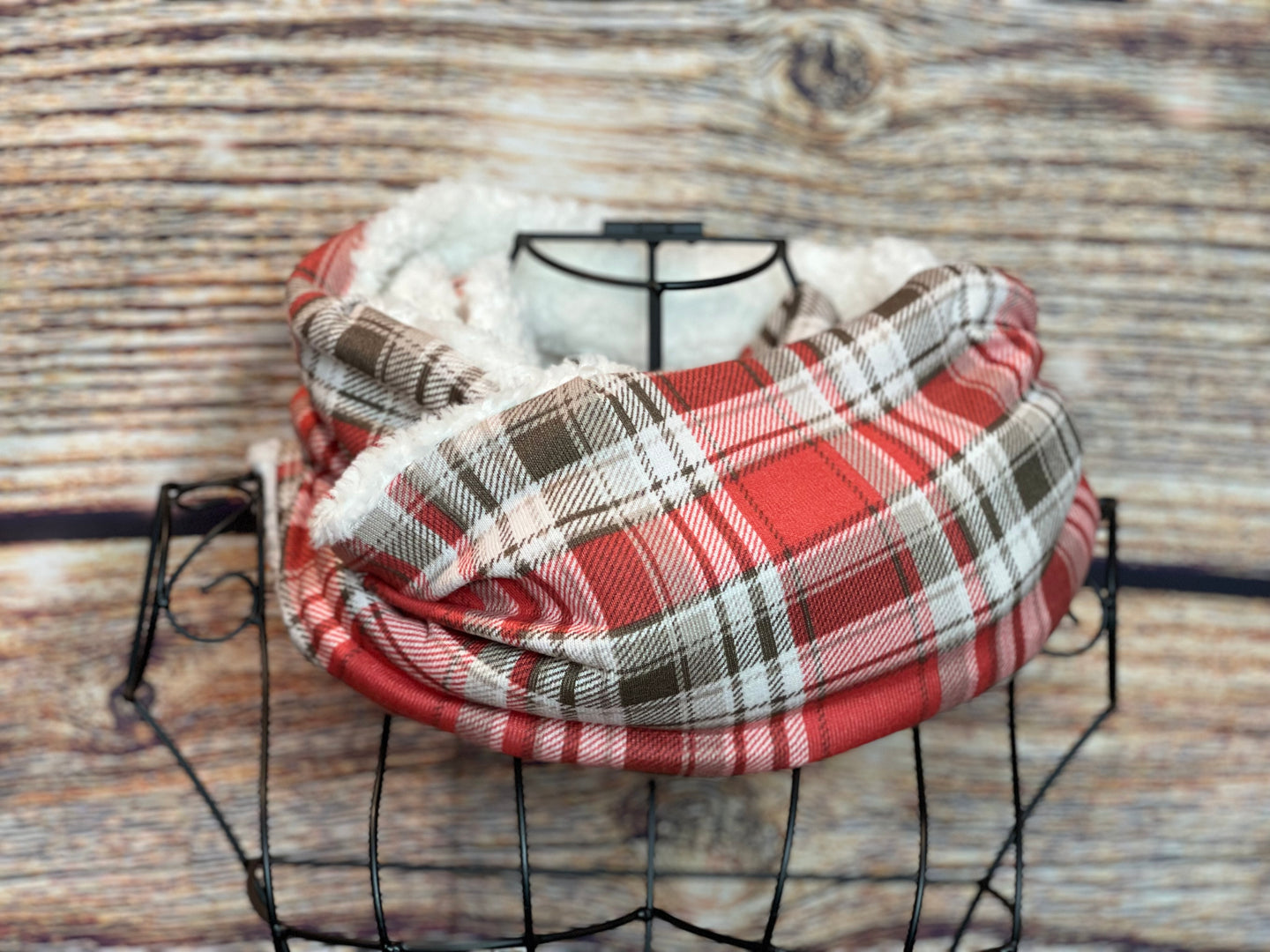 Red and Tan Plaid Alpaca Knit with Ivory Sherpa Infinity